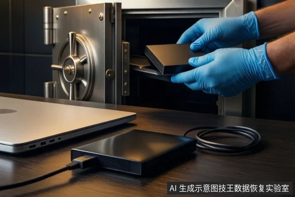 深色木桌上,左侧是一台银色笔记本电脑,中间平放一个黑色外接硬盘盒,通过黑色USB线缆连接至电脑。右侧一双戴蓝色手套的手正持握一个黑色硬盘盒,悬停在打开的银色金属防震箱上方。背景可见模糊的室内环境。