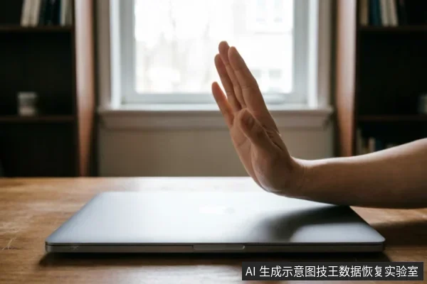一只手掌在闭合的笔记本电脑前做出停止手势,示意立即中断操作。背景为模糊的书房环境,强调在硬盘不识别或数据恢复场景下,应优先保持设备静止、禁止写入以保护原始介质的核心原则。