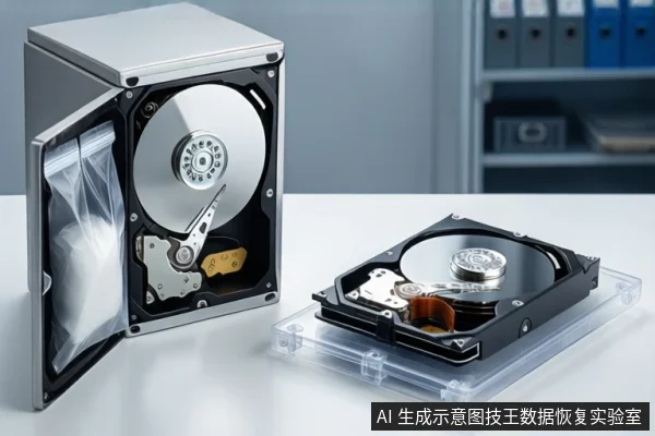 白色桌面上,左侧为打开的银色金属防震箱,箱内平放一块可见盘片和主轴的机械硬盘;右侧透明底座上平放另一块打开外壳的机械硬盘,背景为模糊的服务器机柜。