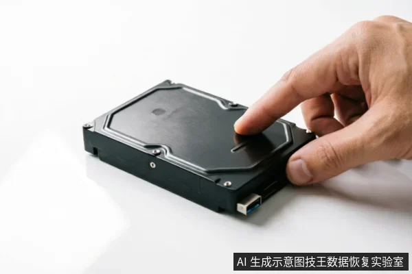 一只手指正按压在带有USB接口的黑色移动硬盘盒上，展示对存储设备的物理接触与检查动作，背景为纯白。