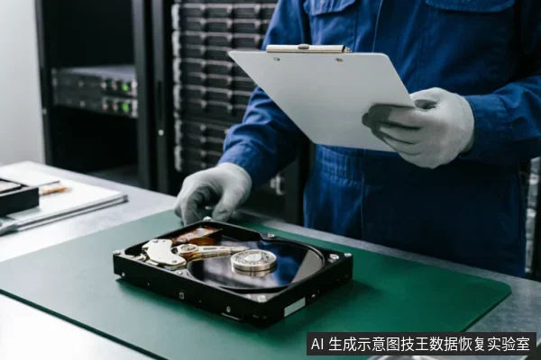身穿蓝色工装并佩戴防静电手套的技术人员，手持写字板记录数据，面前绿色工作台上放置着一块已打开外壳的机械硬盘，背景为服务器机柜。画面展示了专业环境下对物理存储介质进行状态检查与记录的场景。