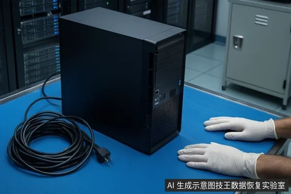 蓝色防静电垫上放置一台黑色台式主机,左侧盘绕着黑色电源线。右侧一双戴白色手套的手平放在桌面上。背景可见服务器机柜和灰色金属柜。