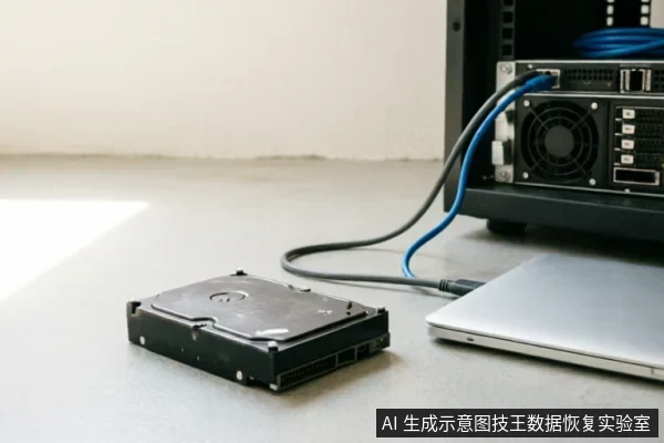 桌面上放置一块裸露的SATA机械硬盘，旁边是一台合上的银色笔记本电脑。背景中台式机机箱后部连接着蓝色网线和黑色数据线，展示了数据恢复场景下的硬件连接与物理排查环境。