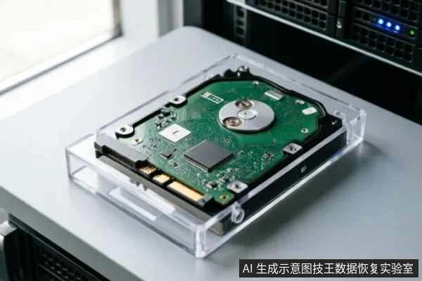 一块安装在透明亚克力保护盒中的机械硬盘背面,清晰展示了绿色电路板、芯片及SATA接口。背景可见带有蓝色指示灯的服务器机架设备,主体聚焦于硬件细节,环境具有专业数据恢复或存储检测的特征。