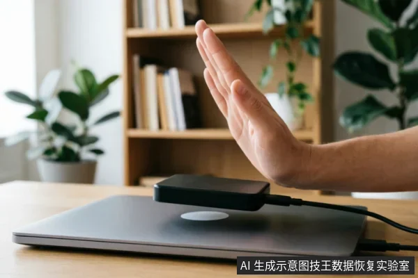 一只手掌在悬浮的黑色移动硬盘上方做出停止手势,硬盘通过数据线连接至笔记本电脑,背景为书架与绿植。画面直观传达在硬盘故障时立即停止读写操作、保护原始介质的核心建议。