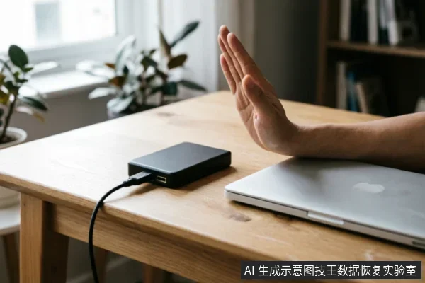 木质桌面上放置着一台连接线缆的黑色移动硬盘和一台银色笔记本电脑,一只手在设备旁做出明显的停止手势,示意暂停操作或拒绝通电。