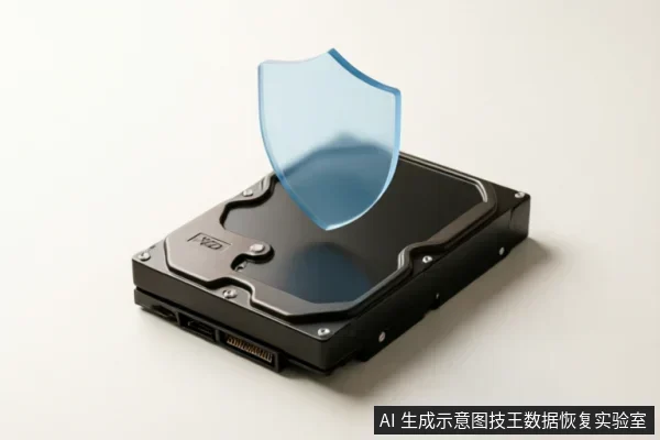 画面展示了一块黑色的WD机械硬盘平放在白色背景上，硬盘上方悬浮着一个半透明的蓝色盾牌图标。该图像通过盾牌符号象征对硬盘数据的保护与安全防护，呼应文中强调的在故障初期停止操作、防止数据二次损坏及优先保护原始介质的理念。
