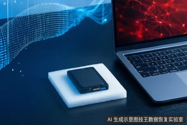 深色桌面上,左侧白色泡沫垫上平放一个黑色移动硬盘,右侧是一台银色笔记本电脑,屏幕显示红色网络图案,背景为蓝色抽象数据流。