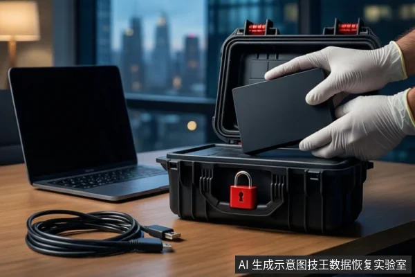 木质桌面上,左侧有一台打开的笔记本电脑,中间盘绕一根黑色USB数据线。右侧黑色防震箱挂有红色挂锁,前景一双戴白手套的手正持握一块黑色硬盘准备放入箱内,背景为模糊的城市夜景。