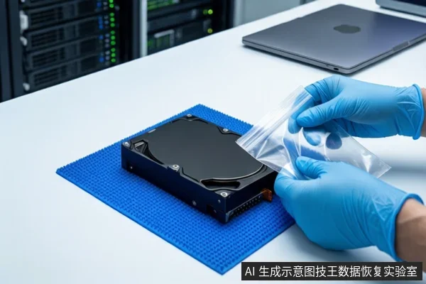 白色桌面上蓝色防静电垫上平放一块闭合的黑色机械硬盘，右侧一双戴蓝色手套的手正持握一个透明防静电袋，背景为模糊的服务器机柜和一台银色笔记本电脑。