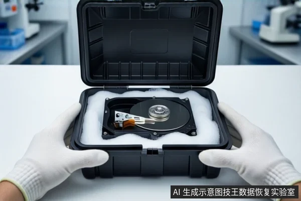 白色桌面上,一双戴白色手套的手正扶握一个打开的黑色防震箱,箱内白色泡沫中固定着一块打开外壳的机械硬盘,露出盘片与磁头组件。背景为模糊的实验室设备。