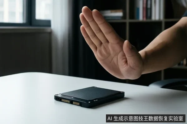 白色桌面上放置一块黑色固态硬盘,一只手掌悬停在硬盘上方,做出停止或禁止操作的手势。