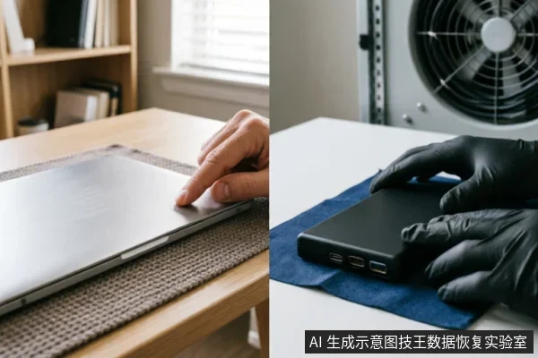 左图展示一只手在木质桌面上轻触闭合的银色笔记本电脑,象征用户面对故障时的日常操作或初步检查;右图展示戴着黑色防静电手套的手将移动硬盘放置在蓝色垫布上,背景可见风扇设备,象征专业环境下的物理层干预与数据保护操作。