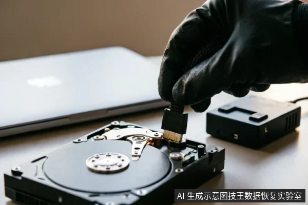 一只戴着黑色防静电手套的手正将SATA数据线插入裸露的机械硬盘接口中,背景可见笔记本电脑及黑色数据恢复专用盒,展示了排查外部连接故障的专业操作场景。