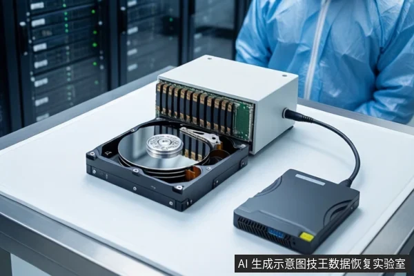 洁净室白色桌面上,平放一块打开外壳的机械硬盘,上方连接一个白色多接口设备,右侧连接一个黑色外接硬盘盒。背景为模糊的服务器机柜和一名穿蓝色无尘服的技术人员。
