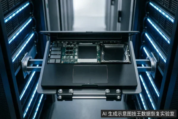 一台打开的笔记本电脑被安装在服务器机柜的金属滑轨上,内部主板、芯片及硬盘结构裸露可见,背景为蓝色LED灯带照亮的机架环境。