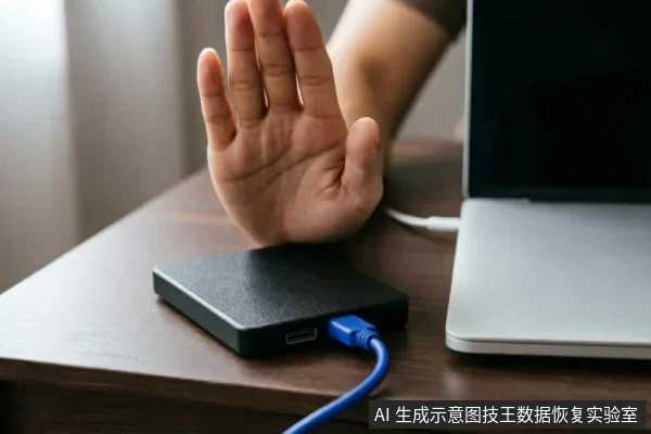 一只手掌在木质桌面上做出停止手势，挡在连接着蓝色数据线和笔记本电脑的黑色外接硬盘前方，示意立即断开连接或停止操作。
