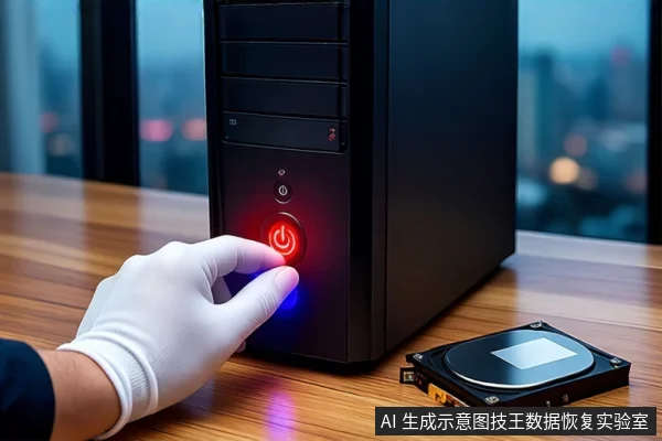 木质桌面上，一只戴白色手套的手正按压黑色台式主机前部发红光的电源按钮。主机右侧平放一块打开外壳的机械硬盘，背景为模糊的窗户和城市夜景。