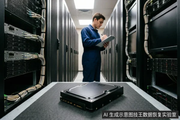 前景桌面上放置着一块裸露的机械硬盘，背景是数据中心机房环境。一名身穿蓝色工装的维修技术人员正站在服务器机柜通道间，手持写字板专注记录设备状态信息。