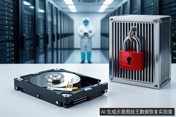 洁净室白色桌面上,左侧平放一块打开外壳的机械硬盘,右侧竖立一个挂有红色挂锁的银色金属防震箱。背景为模糊的服务器机柜和一名穿无尘服的技术人员。