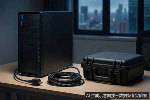 木质桌面上左侧竖立一台黑色台式主机,中间盘绕着一根黑色电源线,右侧放置一个闭合的黑色防震箱。背景是模糊的窗户和城市夜景。