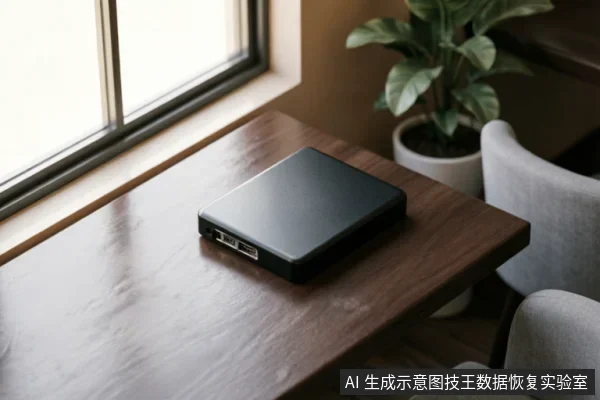 一张深色木纹桌面上放置着一个黑色的外置移动硬盘，侧面可见USB接口。背景为明亮的窗户和一盆绿植，环境安静整洁，无电脑连接或操作动作，仅展示设备外观静物。