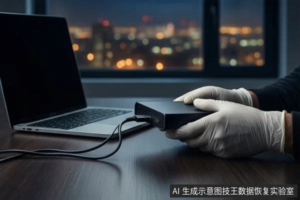 木质桌面上,左侧有一台打开的笔记本电脑,前景一双戴白手套的手正持握一个黑色外接硬盘盒,硬盘盒连接着黑色USB线,背景为模糊的城市夜景。