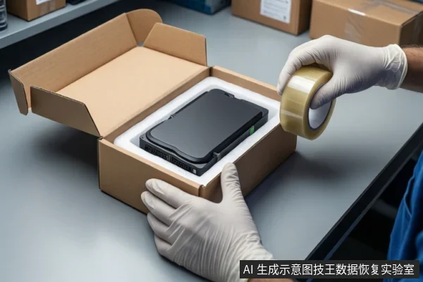 灰色桌面上,一个打开的纸箱内白色泡沫中固定着一台黑色移动硬盘。一双戴白色手套的手正扶握纸箱,另一只手持一卷透明胶带悬停在上方。背景可见货架和纸箱。
