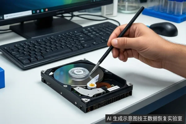 白色桌面上,一只手持黑色细长探针,正接触一块打开外壳的机械硬盘内部磁头组件。背景可见黑色键盘、鼠标和显示器。