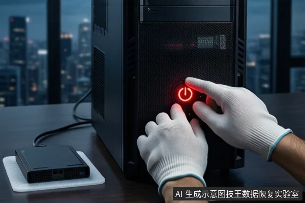 木质桌面上,戴白手套的双手正按压黑色塔式主机正面的红色电源按钮,左侧白色垫子上平放一块黑色移动硬盘,背景为模糊的城市夜景。