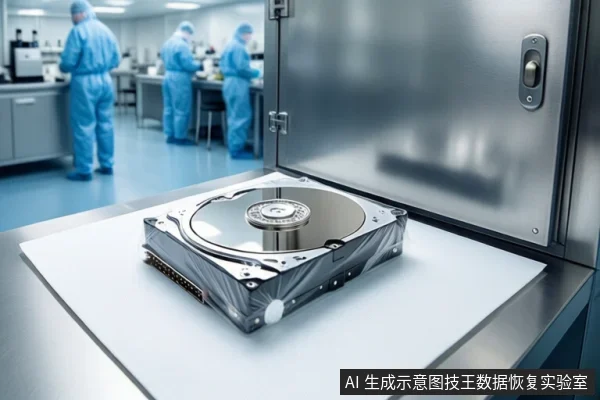 洁净室白色桌面上平放一块打开外壳的机械硬盘,露出盘片与磁头组件。右侧为打开的银色金属防震箱。背景可见穿蓝色无尘服的技术人员在工作台操作。