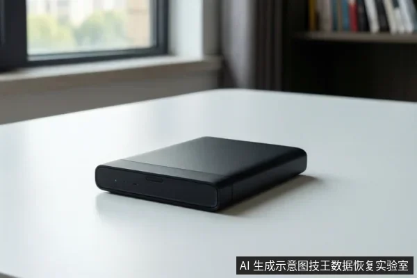 白色桌面上放置一个黑色长方形移动硬盘,正面可见指示灯和接口,背景为窗户与书架。