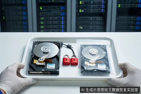 白色托盘上平放一块打开外壳的机械硬盘和一块装在透明袋内的硬盘,中间有两把红色挂锁。前景一双戴白手套的手托着托盘,背景为模糊的服务器机柜。
