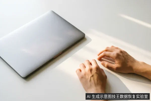 白色桌面上放置着一台闭合的银灰色笔记本电脑，右侧有一双手自然放置在桌案上，光线明亮柔和。画面展示了设备闲置时的状态，隐喻在数据出现问题后保持现状、暂停操作以等待专业评估的场景。