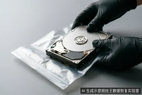 戴着黑色防静电手套的双手正将一块裸露的机械硬盘放入银色防静电屏蔽袋中,展示了在数据恢复前对存储介质进行物理防护和隔离的操作。