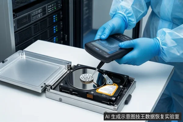洁净室白色桌面上,戴蓝色手套的双手正持握一个黑色手持设备,下方平放一块打开外壳的机械硬盘,背景可见服务器机柜。