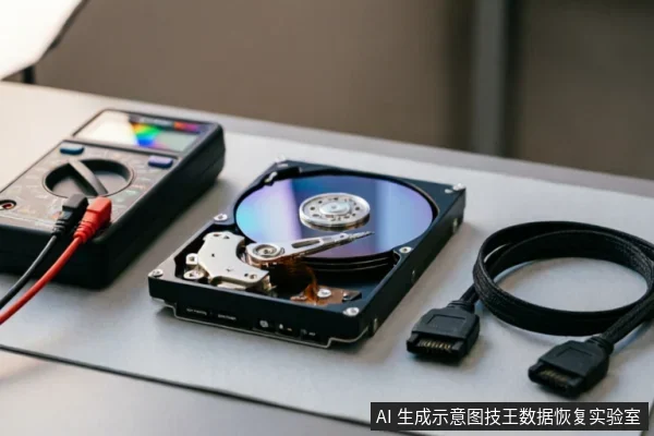 一张打开外壳的机械硬盘放置在桌面上,露出盘片与磁头臂。左侧有一台连接着红黑测试线的数字万用表,右侧平放着一条黑色SATA数据线,背景简洁,展示了硬件检测与排查的场景。