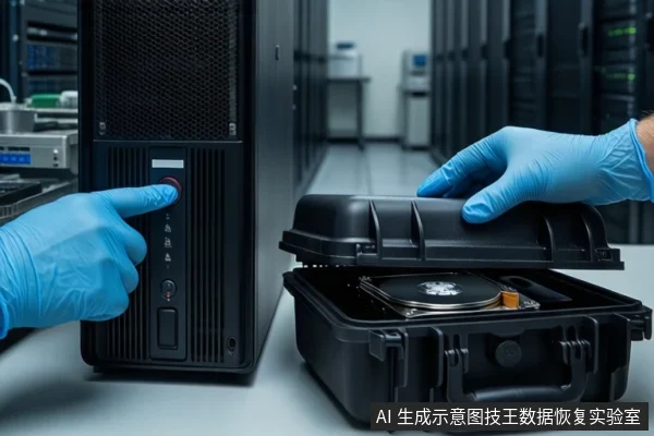 白色桌面上,左侧竖立一台黑色塔式主机,一只戴蓝色手套的手正按压其前部红色按钮;右侧一个打开的黑色防震箱内固定着一块机械硬盘,另一只戴蓝色手套的手扶着箱盖,背景为模糊的服务器机柜。