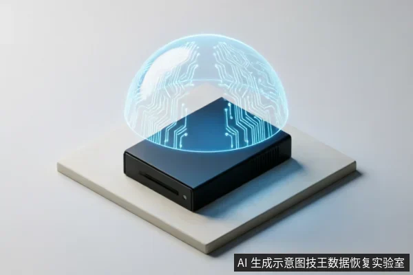 一个黑色的长方体存储设备放置在浅色底座上，设备上方悬浮着一个发光的蓝色半透明半球体，球体表面印有类似电路板或大脑纹理的发光线条，象征数据保护与智能诊断。