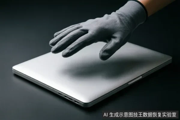 一只戴着灰色防静电手套的手悬停在一台闭合的银色笔记本电脑上方,示意在发现硬盘间歇性掉盘故障后,应立即停止操作并切断电源,避免进一步通电导致数据损坏,为后续专业寄修止损。