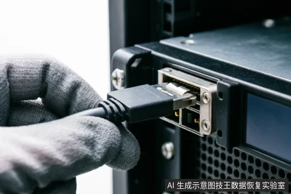 一只戴着灰色防静电手套的手,正将一根黑色数据线插入机架式服务器或存储设备的金属接口中,展示排查外部连接的操作细节。