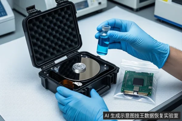 白色防静电工作台上,一只戴蓝色手套的手持装有蓝色液体的玻璃小瓶,悬停在打开外壳的机械硬盘上方。左侧平放一个黑色防震箱,右侧防静电袋内装有一块绿色固态硬盘电路板,背景为模糊的实验室环境。