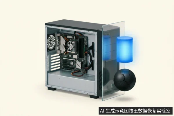 一台侧板透明的台式电脑主机,内部硬件结构清晰可见。机箱右侧悬浮着一个发光的蓝色圆柱体和一个表面有裂纹的黑色球体,象征数据状态或硬件故障风险。