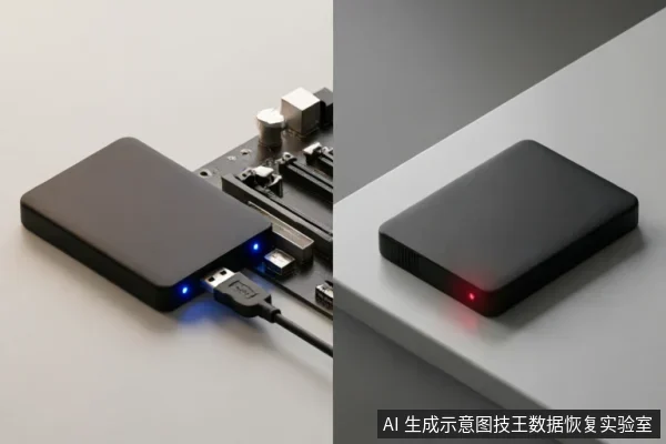 图片展示了移动硬盘的两种状态:左侧硬盘通过USB线连接至主板接口,接口处亮蓝色指示灯表示正在通电或传输;右侧硬盘独立放置于台面,机身亮红色指示灯。