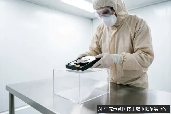 一名身穿全套米色防护服、佩戴护目镜和口罩的技术人员,在洁净室的不锈钢工作台上双手持握一块已拆解的机械硬盘。硬盘下方放置着一个透明亚克力展示盒,画面展示了专业机构在无尘环境下对精密存储介质进行检测或处理的场景。
