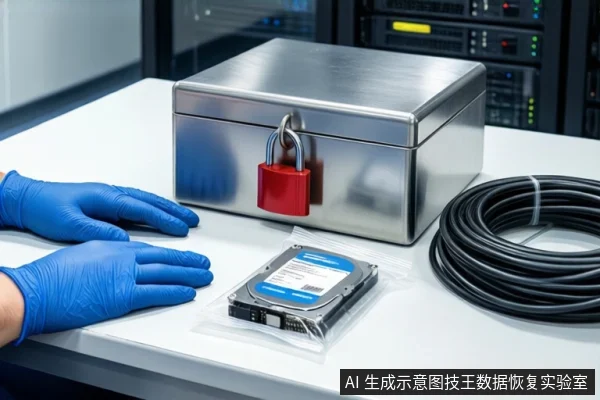 白色防静电工作台上,中间为闭合的银色金属防震箱,箱前挂有红色挂锁。左侧一双戴蓝色手套的手平放在桌面上,右侧透明袋内平放一块闭合的硬盘,旁边盘绕着一根黑色线缆,背景可见服务器机柜。
