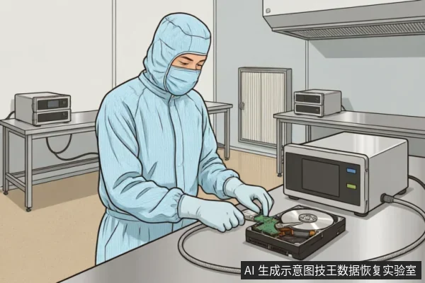 一名身穿全套蓝色洁净服、佩戴口罩和手套的专业人员,在洁净室环境中使用工具检查一块已打开的机械硬盘。背景可见不锈钢操作台及专业检测仪器,展示了数据恢复机构在无尘环境下对存储介质进行物理评估的场景。