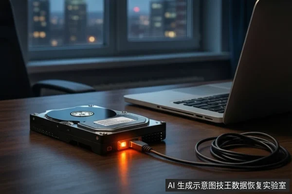 深色木桌上平放一块打开外壳的机械硬盘,正面亮着橙色指示灯,连接一根黑色USB线缆。右侧有一台打开的银色笔记本电脑,背景是模糊的城市夜景窗户。