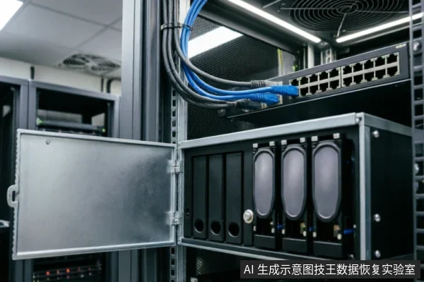 服务器机柜内部特写,展示了一个打开舱门的硬盘抽取盒,内含多块垂直排列的3.5英寸机械硬盘。上方连接着蓝色和黑色的网线至网络交换机端口,背景可见机柜散热风扇与金属框架结构。