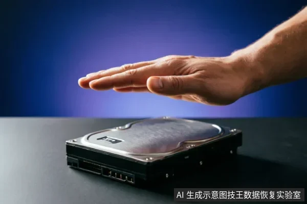 一只手掌悬停在一块平放在深色桌面上的机械硬盘上方,做出停止或覆盖的手势。背景为深蓝色渐变,无其他杂物。
